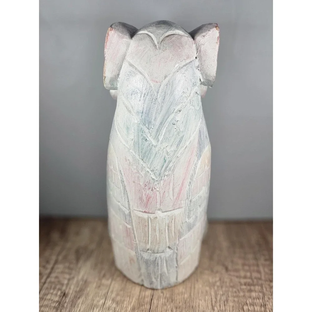 Vintage Hand-Carved Wooden Owl Figurine Whitewashed Rustic Decor